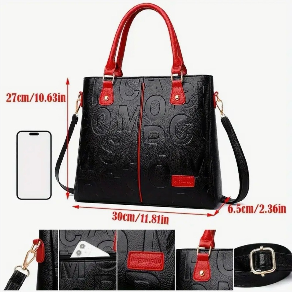 Perfect Lily Black Embossed Letter Tote Bag Red Handle Crossbody NIP - Picture 8 of 12